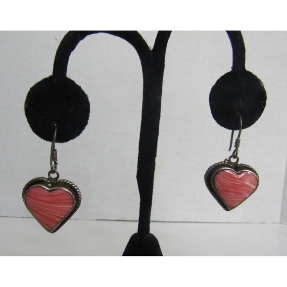 Coral Dangle Earrings Sterling Silver Vintage 925 Stamped Mexico Heart Shaped - Picture 3 of 7